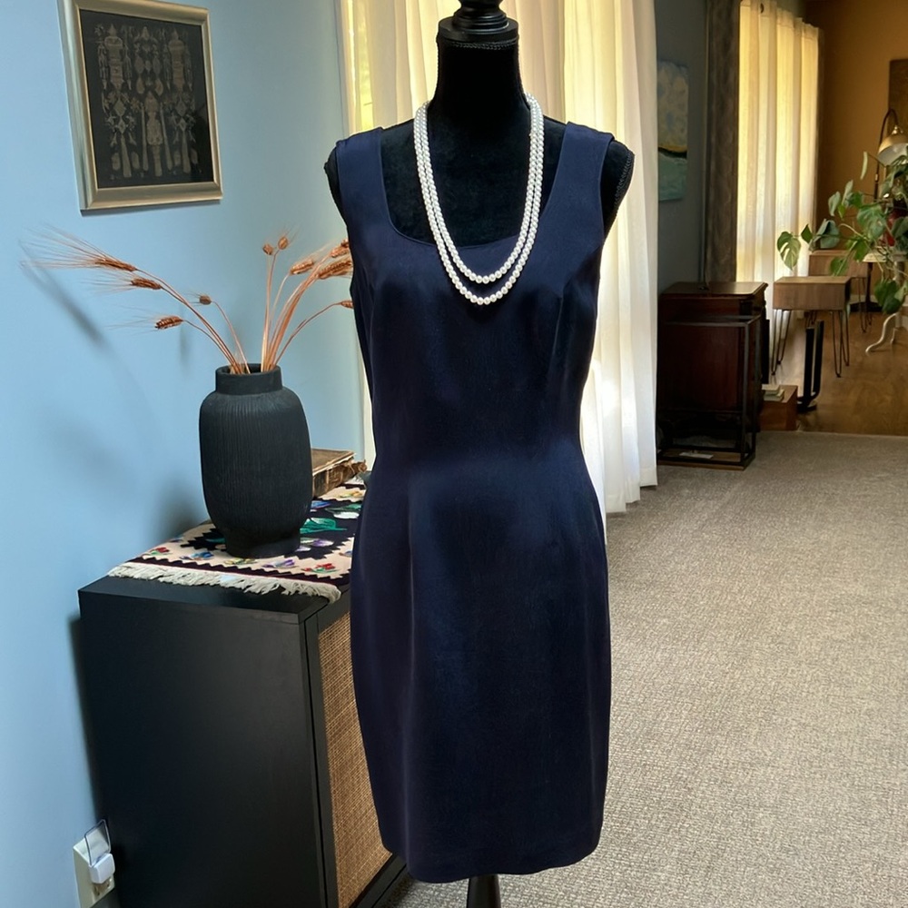 Patrick Collection Navy Sleeveless Silk Sheath 6 Dress Scoop Neck Fully Lined